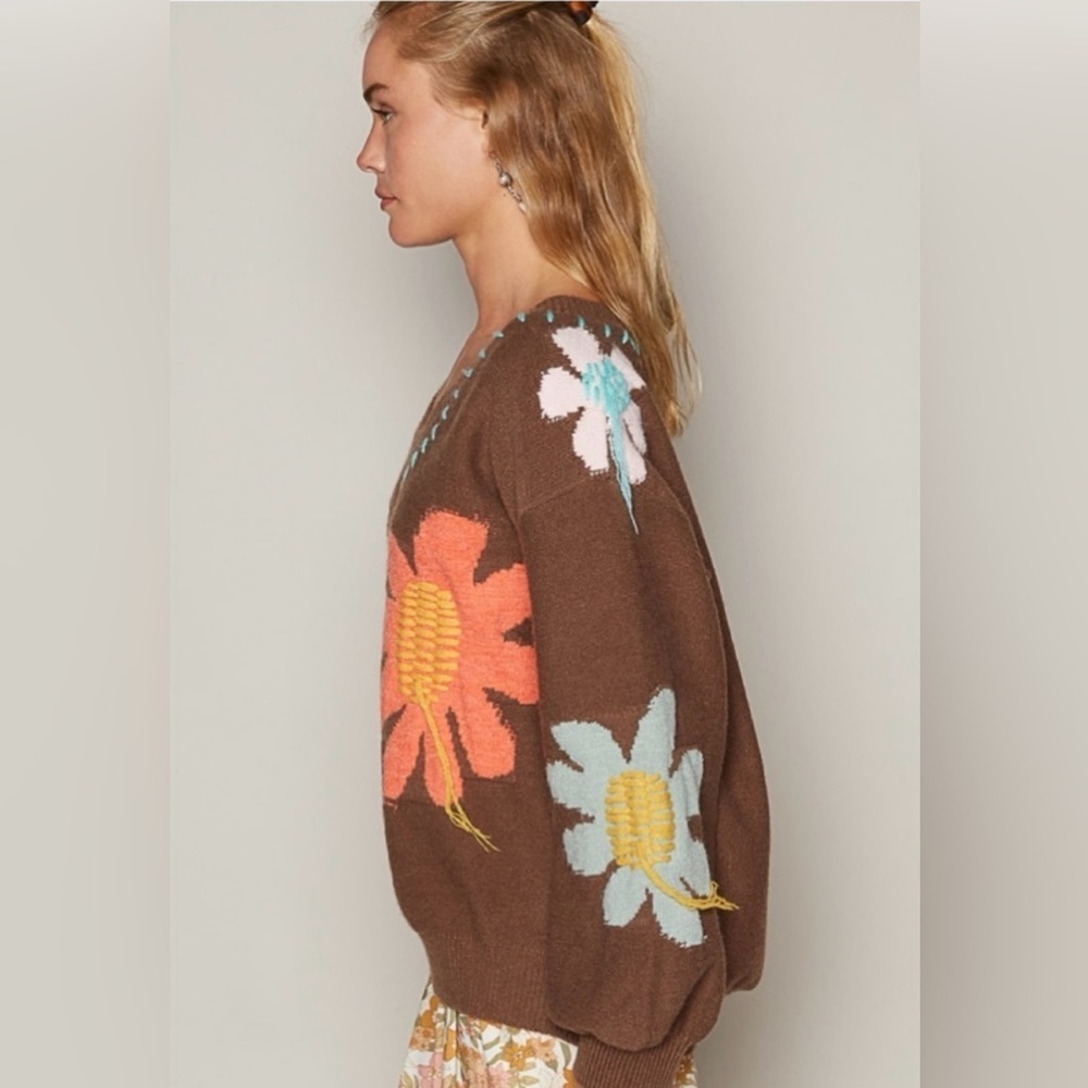 POL Balloon Sleeve Oversized Acrylic Sweater Fringe Detail Floral Pattern Small - Picture 5 of 12